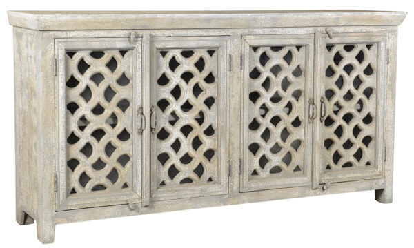 whitewash sideboard media console with carved out doors