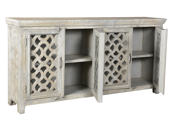 distressed white wash wood sideboard with open doors