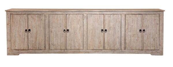 Long natural reclaimed wood cabinet media console with 6 doors