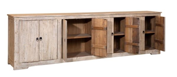 Large natural wood sideboard media console, open