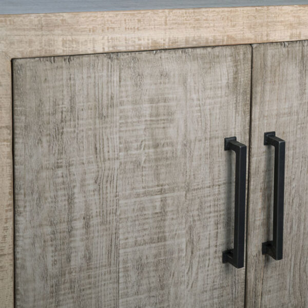 Rustic wood sideboard with 4 doors, close up