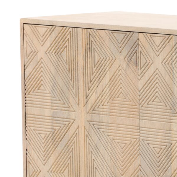 Light color wood sideboard with iron base and geometrical design on doors, detail