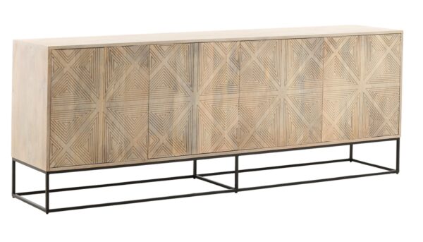 Light color wood sideboard with iron base and geometrical design on doors