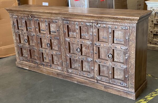 Large teak sideboard cabinet with 4 vintage Indian doors in medium brown finish