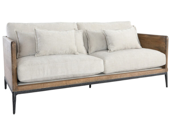 reclaimed wood and ivory upholstered sofa