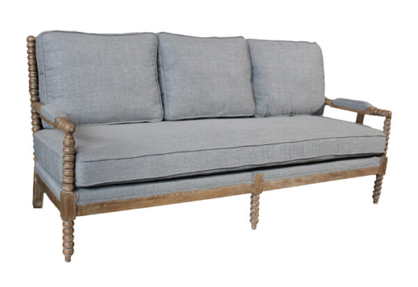 grey upholstered sofa with wood frame