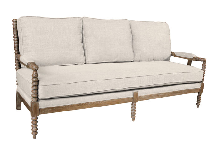 Ivory Linen Upholstered Sofa with Wood Spindled Frame