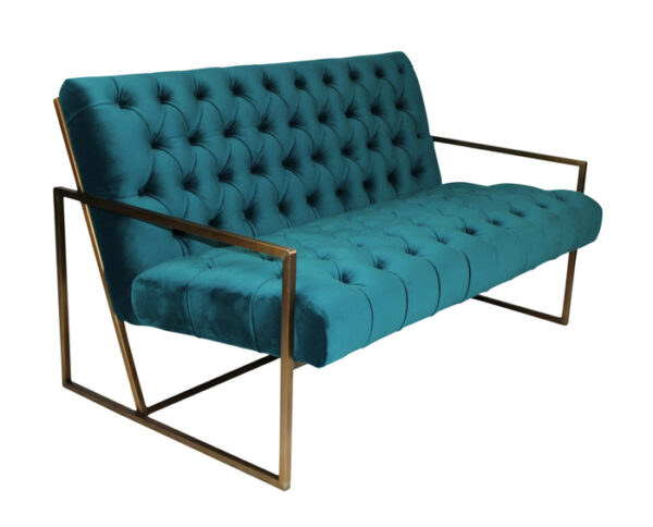 teal tufted sofa with brass legs