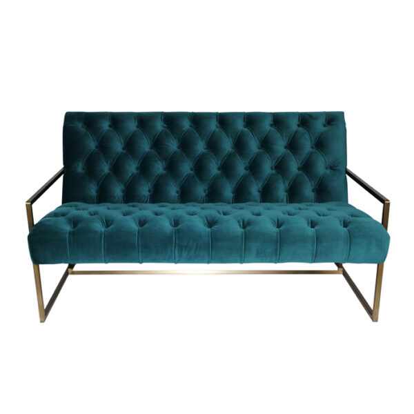 teal tufted sofa with brass legs front view