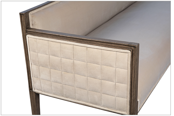 upholstered bench with wood frame side close up