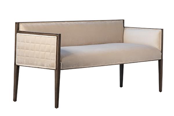 upholstered bench with wood frame side angle view