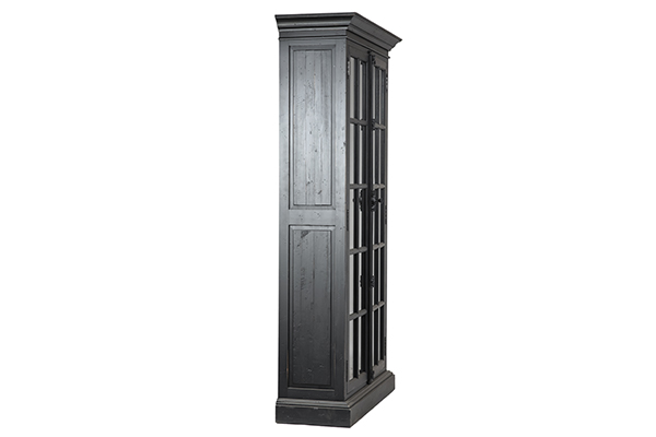 tall black glass cabinet side view