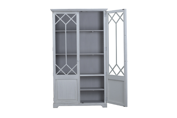 tall white wash glass cabinet with open door