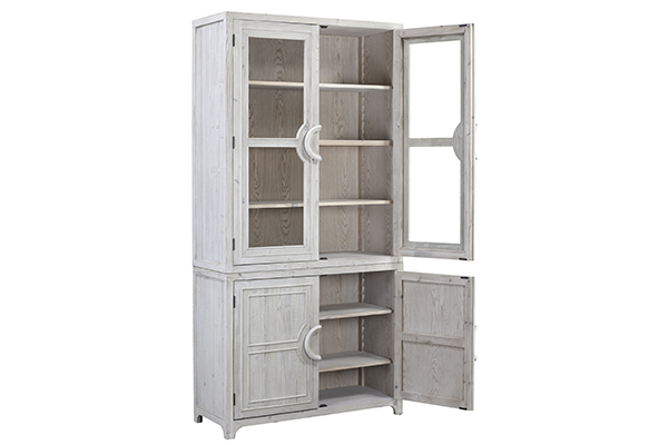 tall white wash cabinet with open doors