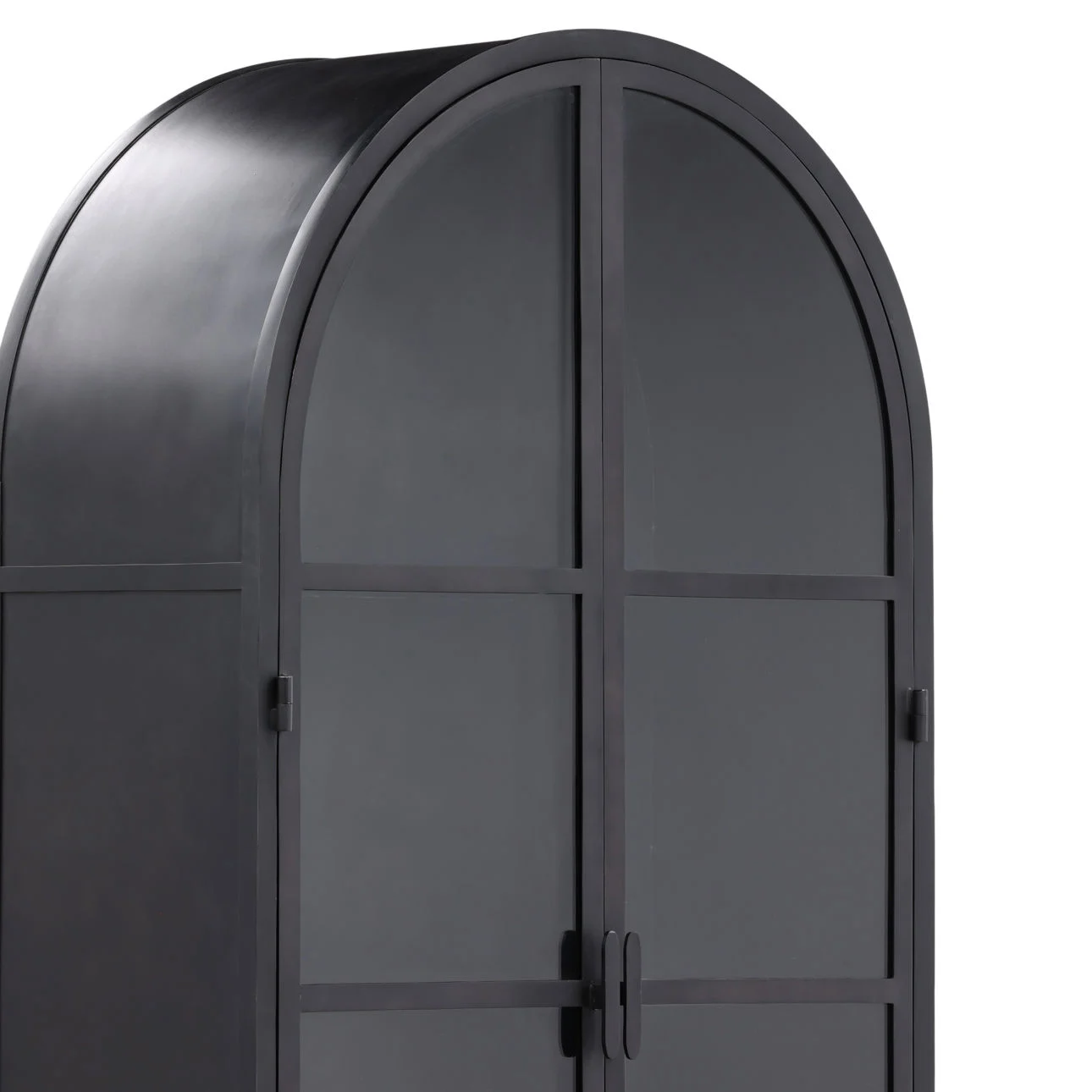 Kiera 2-door black metal cabinet with glass doors and arched top, modern storage display cabinet for living room, dining room, or office. Top detail