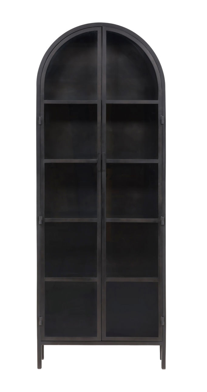 Kiera 2-door black metal cabinet with glass doors and arched top, modern storage display cabinet for living room, dining room, or office. Front view