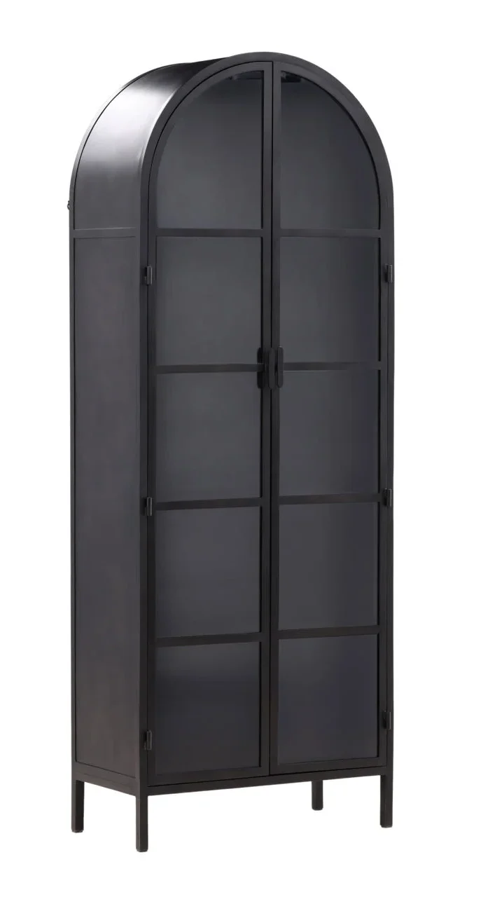 Kiera 2-door black metal cabinet with glass doors and arched top, modern storage display cabinet for living room, dining room, or office. Three quarters view