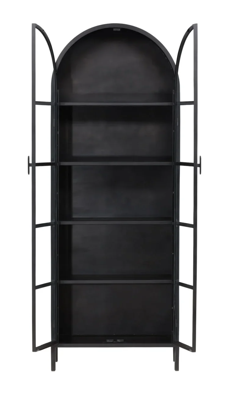 Kiera 2-door black metal cabinet with glass doors and arched top, modern storage display cabinet for living room, dining room, or office. Open view