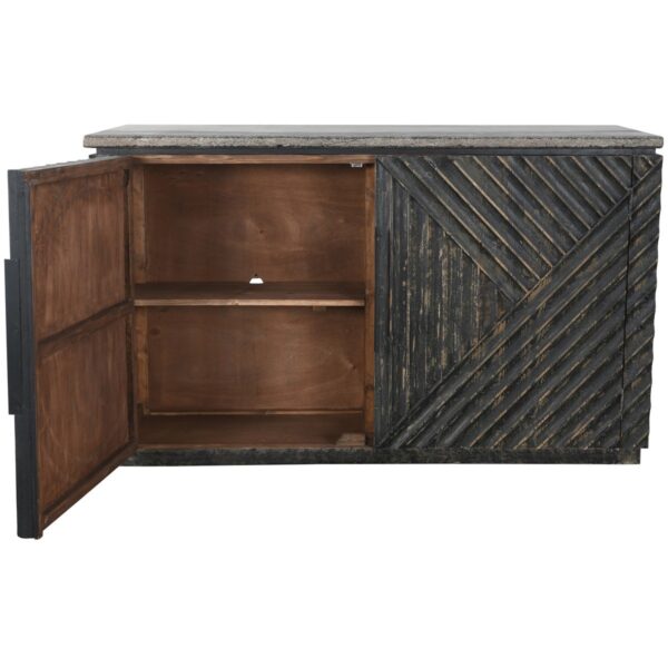 reclaimed wood and stone sideboard with open door