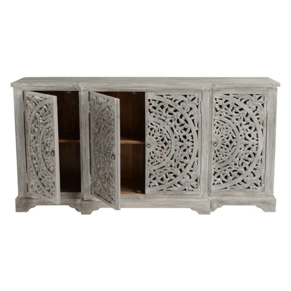white wash carved sideboard with open doors