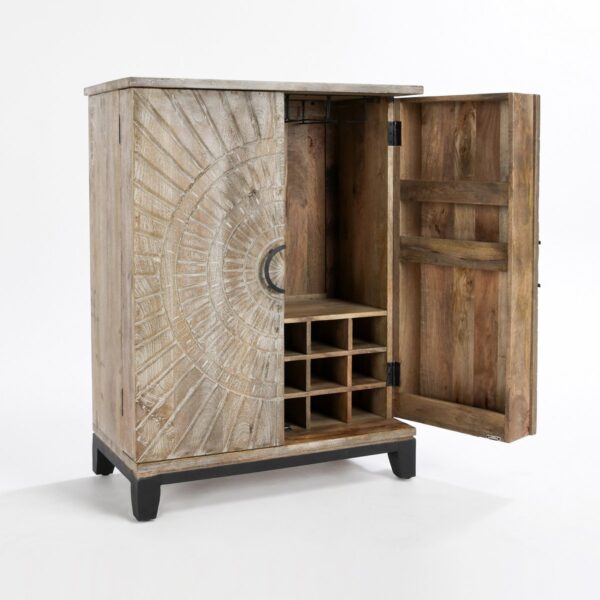 rustic wood bar cabinet with open door