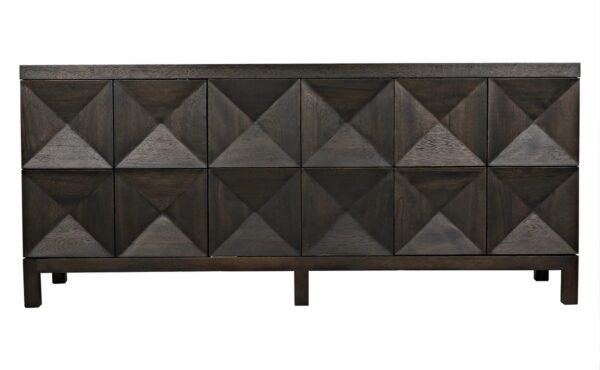 Black sideboard media console with geometrically carved doors, front