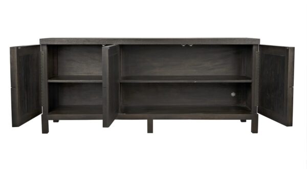 Black sideboard media console with geometrically carved doors, open