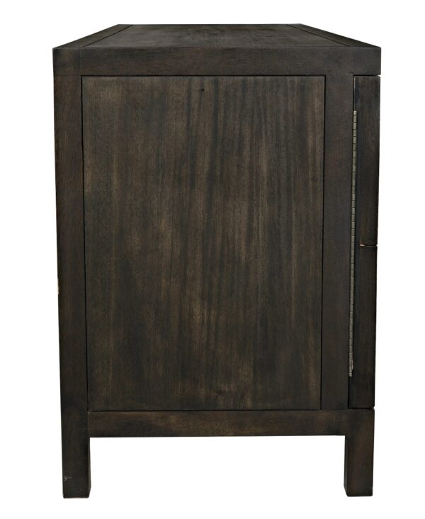 Black sideboard media console with geometrically carved doors, side