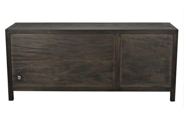 Black sideboard media console with geometrically carved doors, back