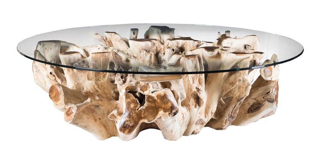 60″ Round Teak Root Coffee Table with Glass Top