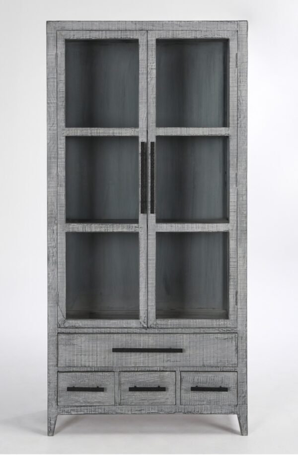 Tall cabinet with glass doors and drawers and antique blue finish, front