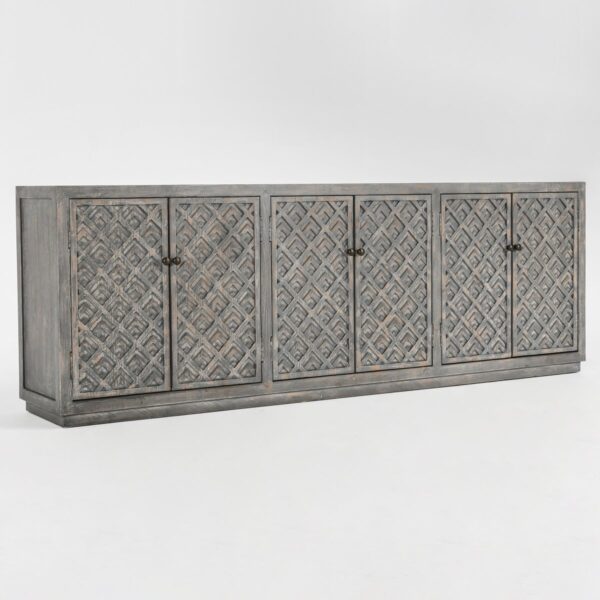 Long grey wood sideboard with 4 doors and geometrical carved design
