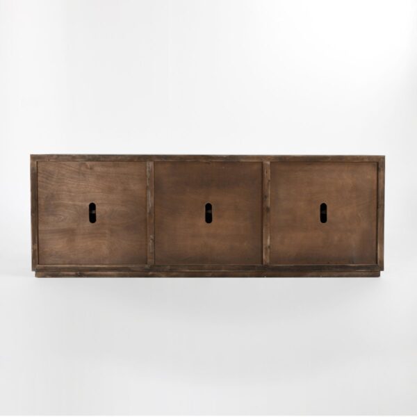 Long wood sideboard with 4 doors and geometrical carved design view of the back
