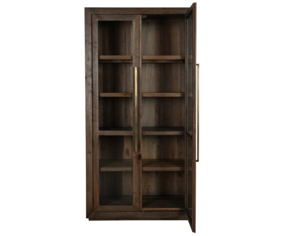 tall wood glass cabinet with open door