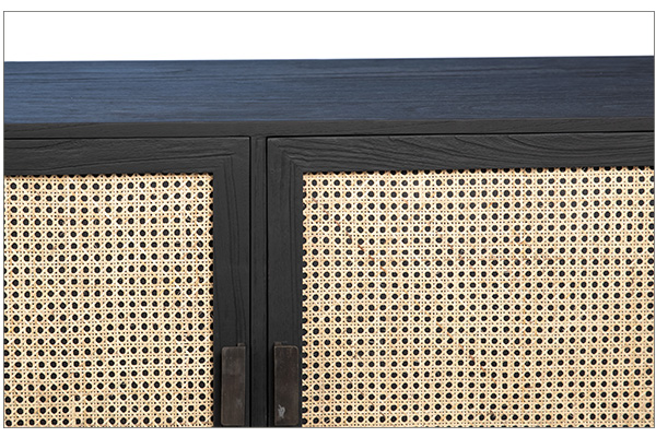black wood and rattan sideboard close up