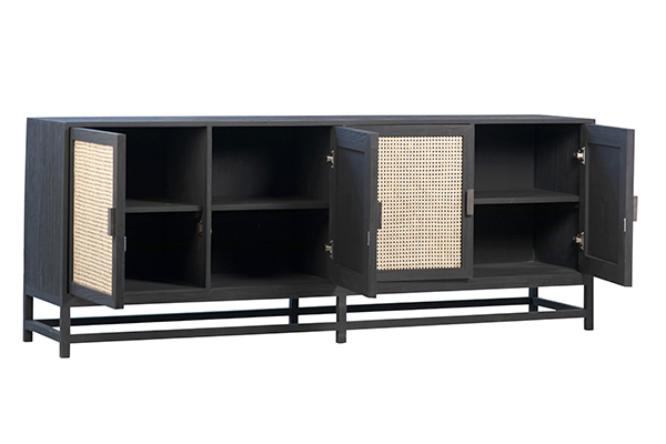 black wood and rattan sideboard with open doors