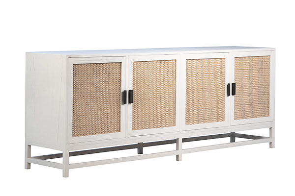 white wood and rattan sideboard side view