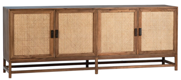 Light wood and rattan doors sideboard media console with 4 doors and wooden base