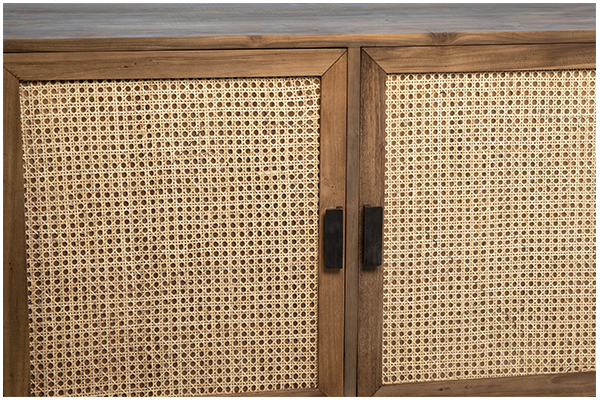 wood and rattan sideboard close up