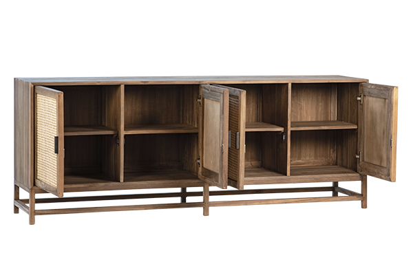 wood and rattan sideboard with open doors