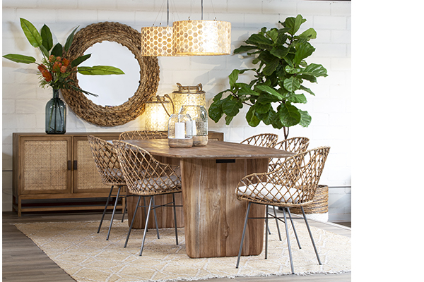 wood and rattan sideboard in dining room setting