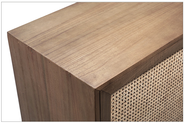 natural wood and rattan small cabinet top close up