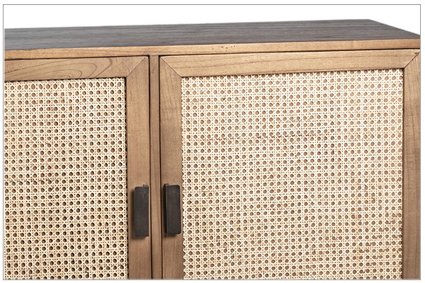 natural wood and rattan small cabinet front close up