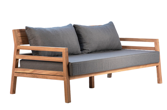 75" teak bench with grey cushion side view