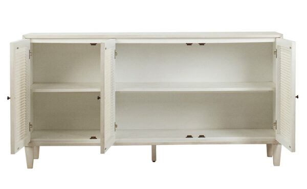 White sideboard with rattan doors, open