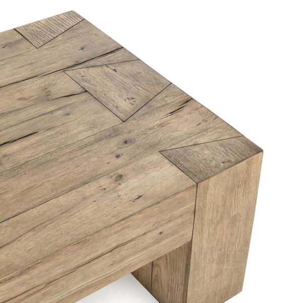 Light color oak coffee table with thick legs, top view