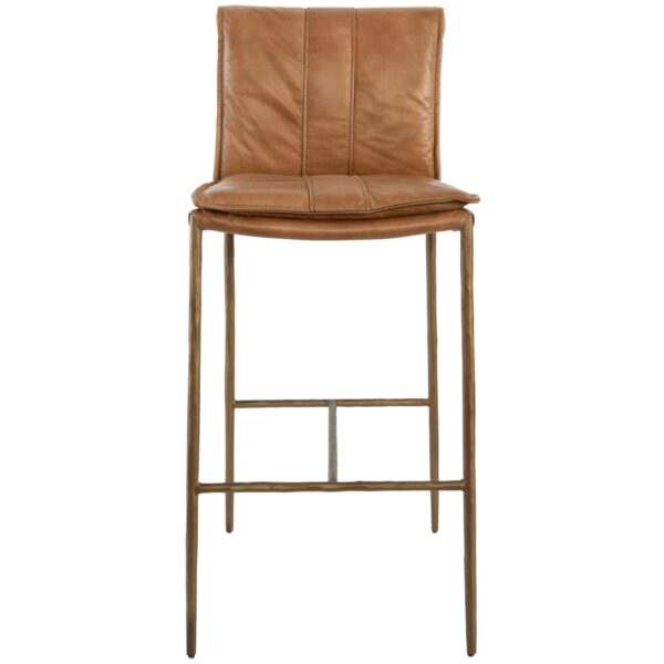 Tan leather and iron legs bar stool front view