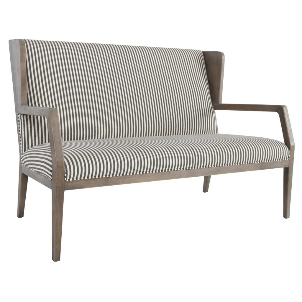 54″ Grey Oak Settee with Striped Linen Cushion