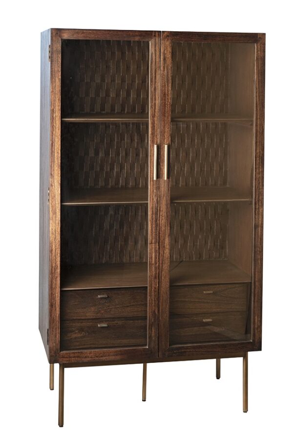Dark Wooden tall 2 door glass cabinet with four interior shelves at bottom on a brass metal base