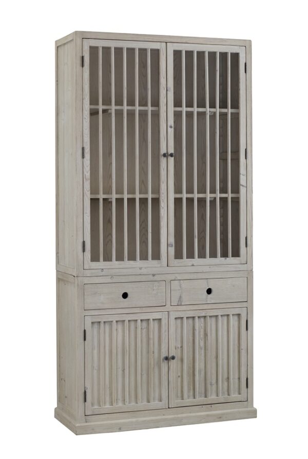 Tall light grey cabinet with slatted doors and 2 drawers
